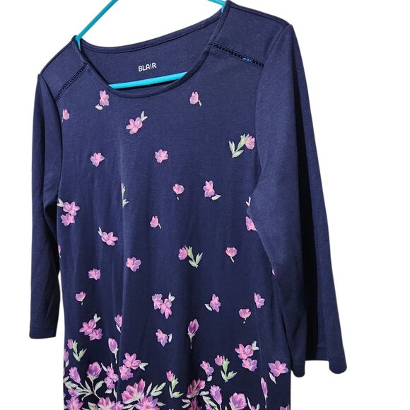 Blair Women Tunic Top Size Small Navy Blue Floral Stretch - Picture 2 of 10
